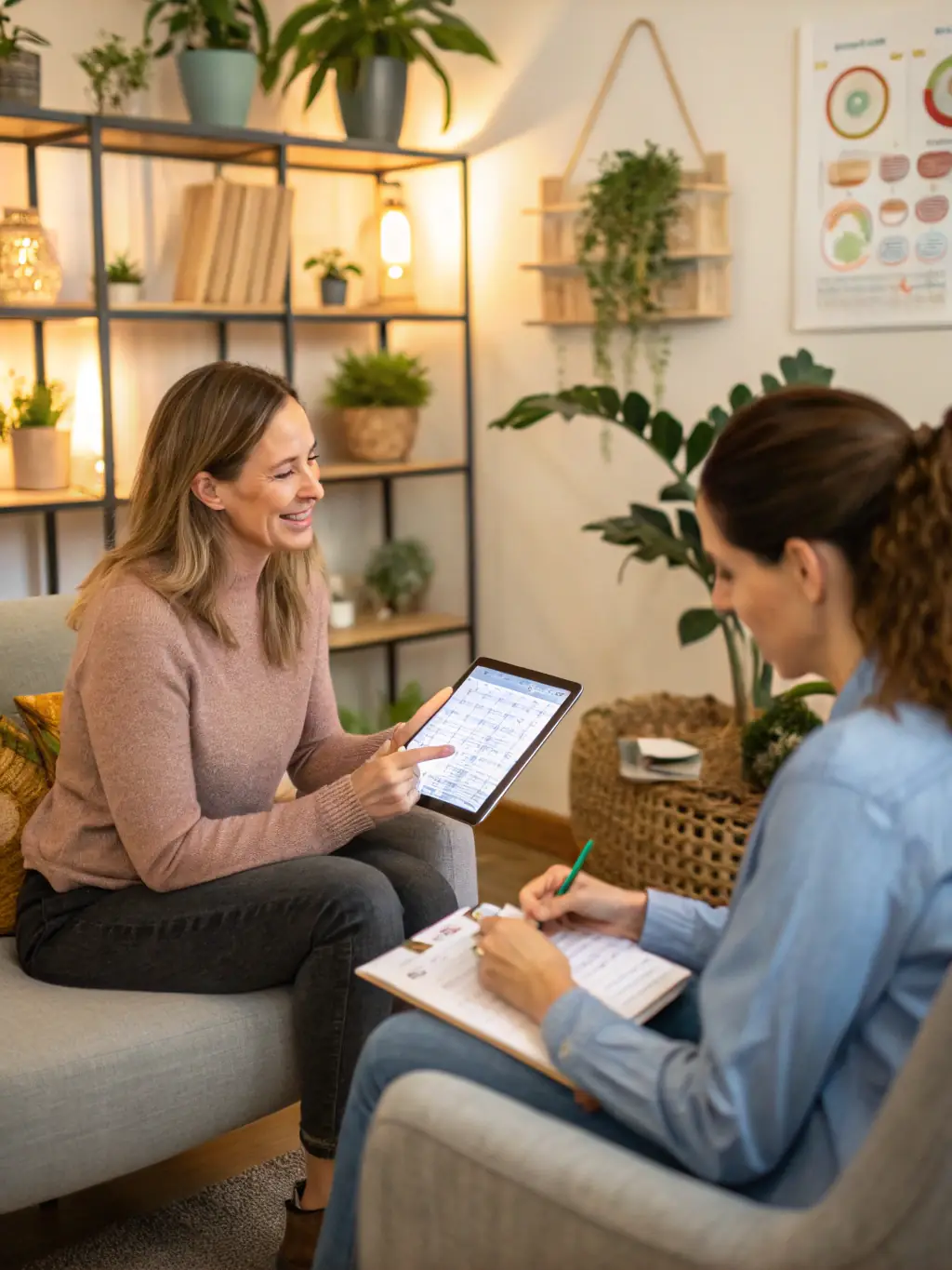 A positive image of a health coach working closely with a client, providing personalized guidance and support, emphasizing the client's empowerment and control over their health journey.